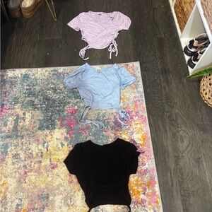 3 ruched crop tops. black, blue, and lavender colors. Size small